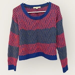 Vibrant Geometric Pattern Knit Sweater in Red, Blue, and Gray